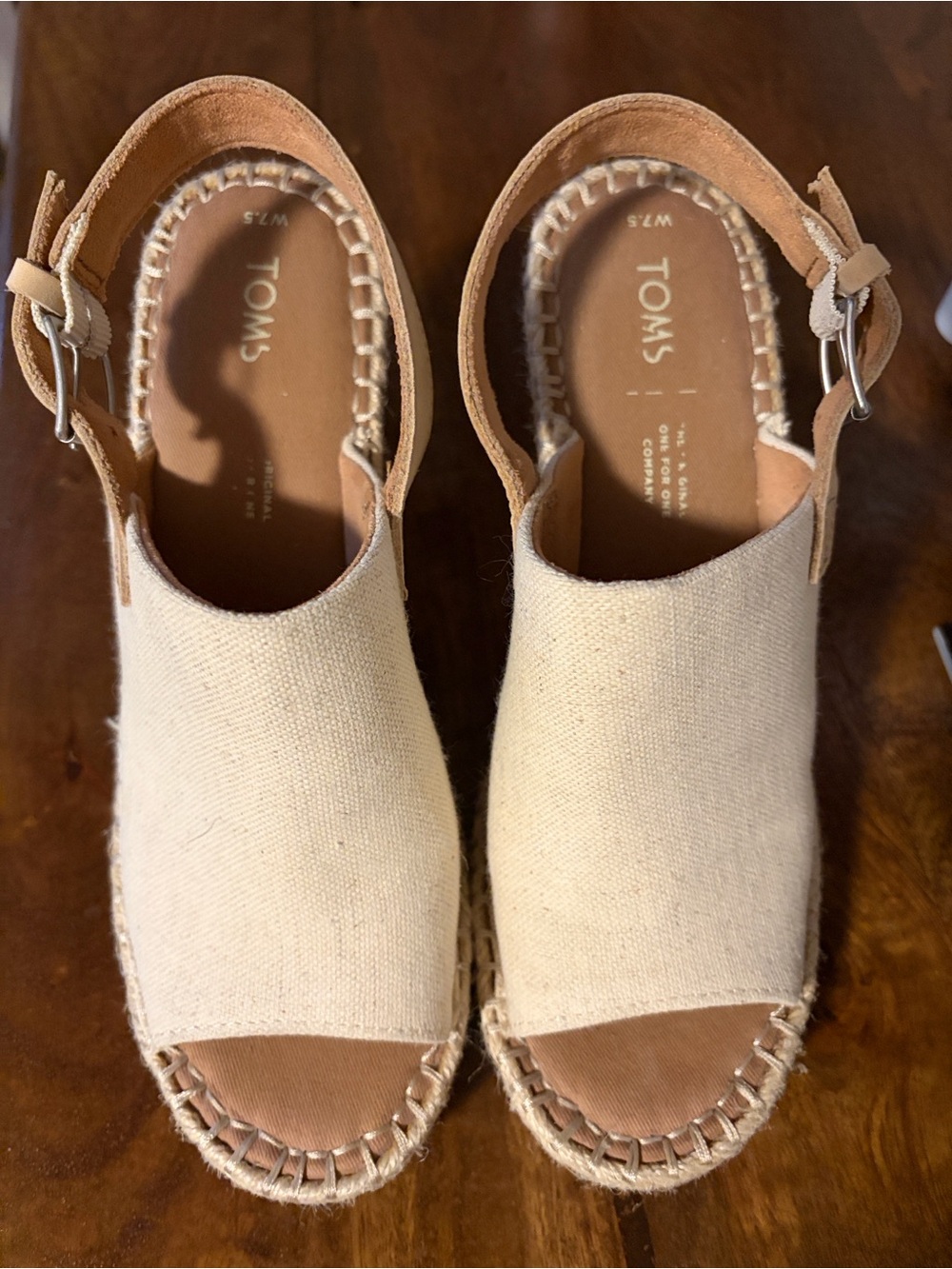 TOMS Cream Canvas Espadrille Wedge Sandals with Tan Leather Ankle Strap